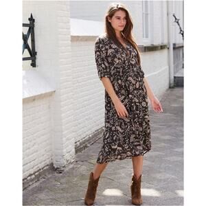 ba&sh Cherry Midi Shift Dress Babydoll V-Neckline Brown Floral Women’s US 6